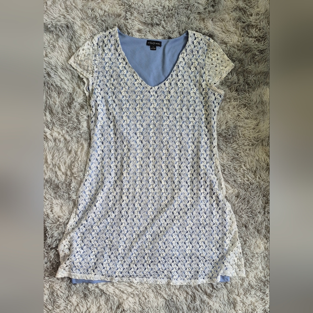 Elegant Lace Overlay Dress - Blue and Cream